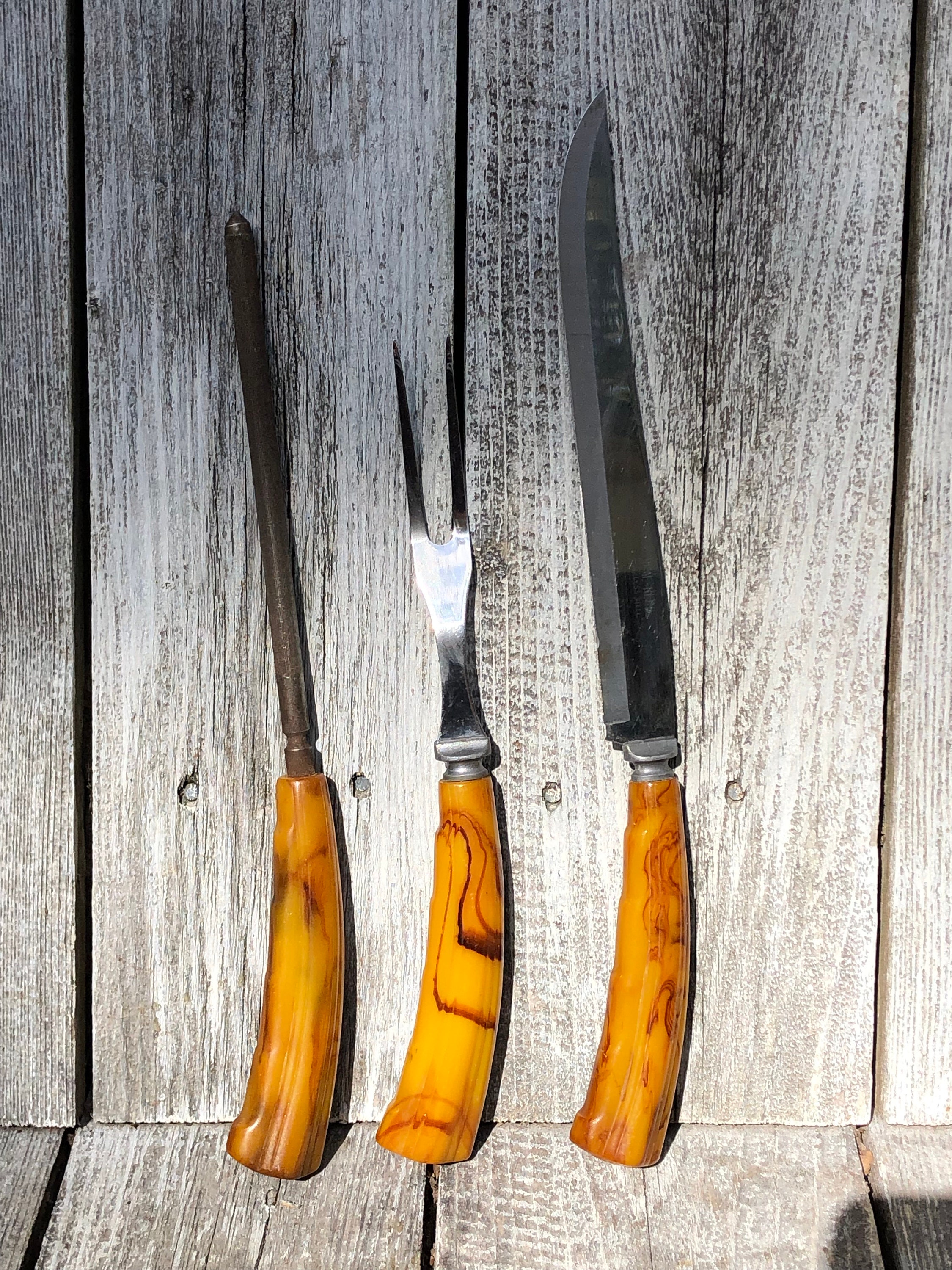 Vintage Fuller Brothers Carving Knife Set Bakelite Handle Yellow Marble  Style Three Piece Carving Set Vintage Kitchen Decor 