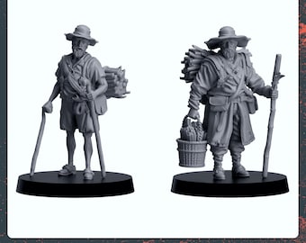 May include: Two 3D printed miniature figures of people wearing hats and carrying supplies. The figures are gray and stand on black bases. The figures are designed by Forged Path Miniatures.