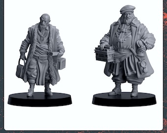 May include: Two 3D printed miniature figures of men wearing long coats and hats. The figure on the left is holding a bag and a book. The figure on the right is holding a stack of books and a bottle. The figures are standing on round bases.