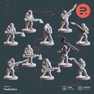 Puede incluir: Un conjunto de diez miniaturas impresas en 3D de figuras armadas con hachas. Las figuras están en varias posturas de combate y están listas para juegos de mesa.