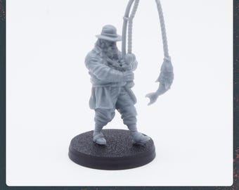 May include: A gray 3D printed miniature of a man wearing a hat and holding a fishing rod with a fish on the end. The miniature is standing on a black base.