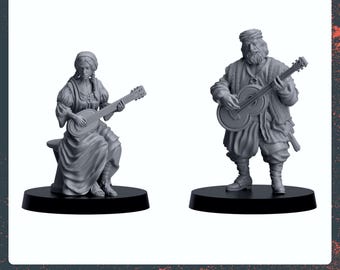 May include: Two 3D printed miniature figures of musicians playing stringed instruments. The figures are gray and are posed on circular bases. The text "DESIGN BY Forged Path Miniatures" is printed below the figures.
