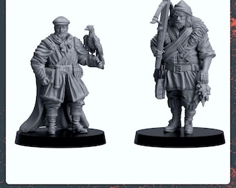 May include: Two 3D printed miniature figures, one with a falcon perched on his arm and the other with a crossbow and a bundle of arrows. Both figures are wearing medieval clothing and are standing on circular bases.