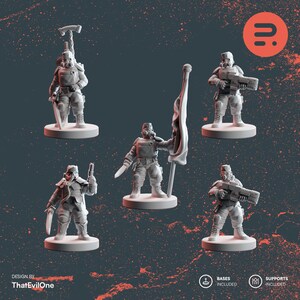 May include: Five 3D printed miniature figures of soldiers wearing gas masks and carrying weapons. The figures are standing on circular bases. One figure is holding a flag. The figures are printed in white plastic.