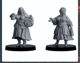 May include: Two 3D printed miniature figures of women in medieval-style clothing. One figure holds a tankard and a barrel, while the other holds a tankard and a bottle.