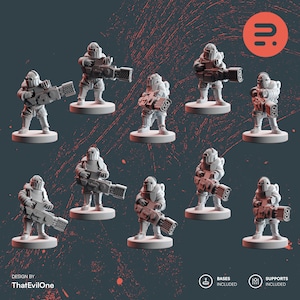 Könnte beinhalten: Ein Set aus neun 3D-gedruckten Miniaturfiguren von futuristischen Soldaten, die jeweils eine große Waffe halten. Die Figuren sind grau und in verschiedenen Action-Posen dargestellt. Die Figuren sind für den Einsatz in Tabletop-Spielen oder als Sammlerstücke konzipiert.