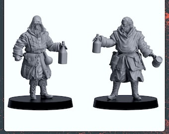 May include: Two 3D printed miniature figures of men wearing hooded cloaks and holding bottles and a mug. The figures are standing on round bases.