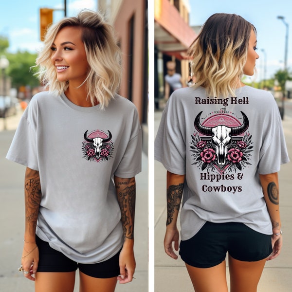 Raising hell with the hippies PNG, Country Music tshirt PNG,Country Music Png,Front And Back PNG, Floral skull png, Cody jinks png