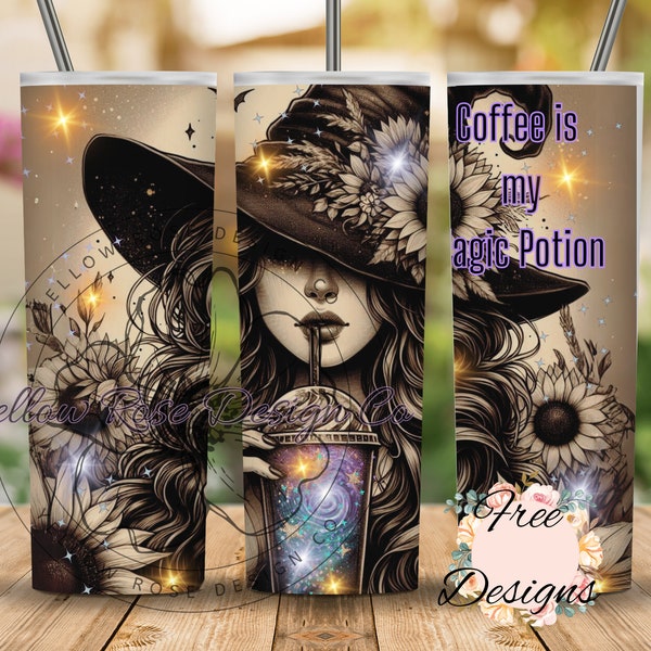 Coffee is my magic potion tumbler wrap, witchy tumbler wrap, coffee tumbler wrap, witchy floral tumbler wrap, 20 oz digital download