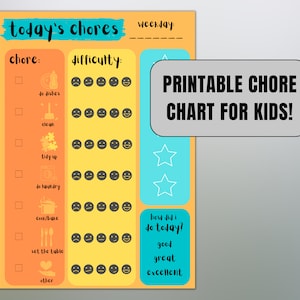 Könnte beinhalten: Ein druckbarer Aufgabenplan für Kinder mit gelbem und orangefarbenem Hintergrund. Der Plan enthält eine Liste von Aufgaben mit Kontrollkästchen und einer Schwierigkeitsskala mit Smileys. Der Plan enthält auch einen Abschnitt, um zu bewerten, wie das Kind heute abgeschnitten hat, mit den Optionen: gut, großartig und ausgezeichnet.