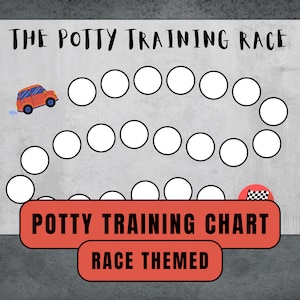 Peut inclure: Une voiture rouge fait la course sur une piste de 20 cercles blancs sur un fond gris. Le texte "THE POTTY TRAINING RACE" est en haut de l'image. Le texte "POTTY TRAINING CHART" est dans un rectangle rouge en bas de l'image. Le texte "RACE THEMED" est dans un rectangle rouge plus petit sous le grand rectangle rouge.