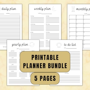 Könnte beinhalten: Druckbarer Planer-Bundle mit fünf Seiten. Die Seiten beinhalten einen Tages-, Wochen-, Monats-, Jahres- und To-Do-Listen-Planer. Jede Seite hat ein anderes himmlisches Design.