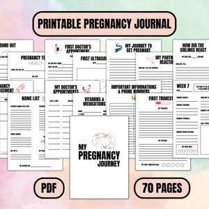 May include: A printable pregnancy journal with pages for recording pregnancy details. The journal includes sections for appointments, announcements, and personal reflections. The cover features the text "My Pregnancy Journey" and the journal contains 70 pages.