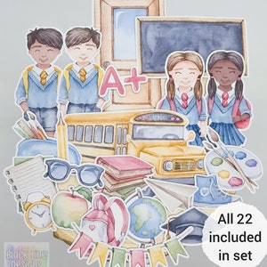 Adesivos para o dia escolar | Conjunto de 22 | Enfeites foscos de aquarela para estudantes para artesanato, diário de sucata, planejador, álbum de recortes | por BlackLineDesignsArt