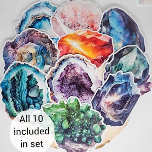 Geode Crystal Slice Stickers | Watercolour Realistic Glossy Embellishments for Scrapbooks Journals | Set of 10 | by BlackLineDesignsArt