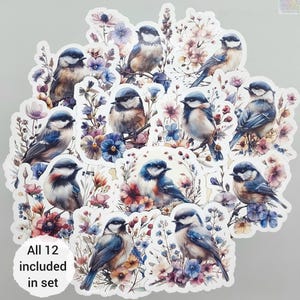 Stickers mésanges florales réalistes | Lot de 12 | Embellissements brillants d'oiseau chanteur d'été à l'aquarelle | par BlackLineDesignsArt