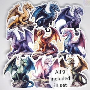 Pegatinas de dragones majestuosos / Adornos mate de acuarela de bestias míticas para álbumes de recortes y diarios basura / Juego de 9 / por BlackLineDesignsArt