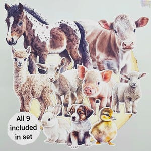 Pegatinas de animales de granja para bebés / Adornos de acuarela mate para álbumes de recortes, diarios, planificadores y cuadernos / Juego de 9 / por BlackLineDesignsArt