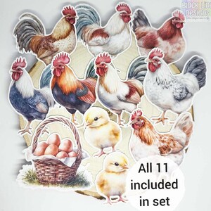 Stickers poulet et coq | Véritables embellissements à l'aquarelle pour scrapbooking, journal, agenda, carnet de notes | Ensemble de 11 | par BlackLineDesignsArt