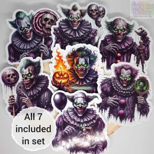Adesivos de Palhaço de Terror | Enfeites Brilhantes de Halloween Malignos para Scrapbooks, Diários de Junção, Colagens | Conjunto de 7 | por BlackLineDesignsArt