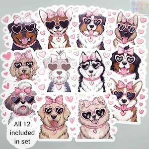 Honden met hartbrilstickers | Set van 12 | Glanzende Valentijnsversieringen voor kinderen, plakboeken, ongewenste dagboeken | door BlackLineDesignsArt