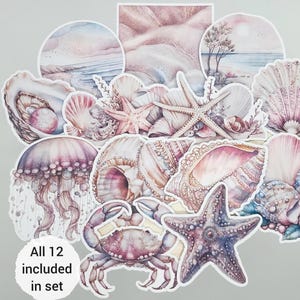 Naklejki Seaside Treasures | Zestaw 12 | Realistyczne matowe ozdoby do dzienników rzemieślniczych, planerów, albumów ze zdjęciami | autorstwa BlackLineDesignsArt