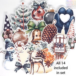 Stickers déco de Noël | Embellissements des Fêtes mats pour agenda de scrapbooking | Lot de 14 | par BlackLineDesignsArt
