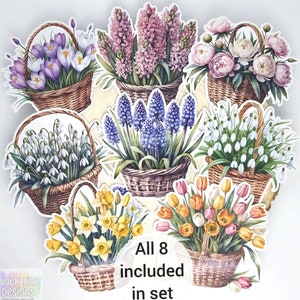 Stickers panier floral réaliste | Embellissements brillants de fleurs printanières à l'aquarelle pour journal de scrapbooking | Lot de 8 | par BlackLineDesignsArt