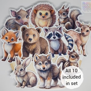 Pegatinas de animales salvajes para bebés / Adornos mate de fauna silvestre para álbumes de recortes, diarios, planificadores y cuadernos / Juego de 10 / por BlackLineDesignsArt