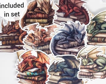 Dragons Sleeping on Books Stickers | Set of 9 | Mythical Fantasy Sticker Paper Die-Cuts | Matte Adhesive Ephemera