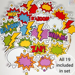 Comic Book Stickers | Set of 19 | Superhero Pop Art Sticker Paper Die-Cuts | Glossy Adhesive Ephemera