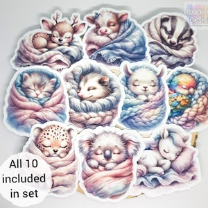 Stickers Animaux endormis dans une couverture | Embellissements mats de la faune sauvage pour collage de carnets de notes | Lot de 10 | par BlackLineDesignsArt
