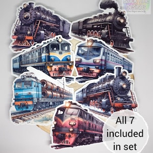 Adesivi per treni storici / Abbellimenti acquerellati per vagoni ferroviari per biglietti, agende, album / Set di 7 / di BlackLineDesignsArt