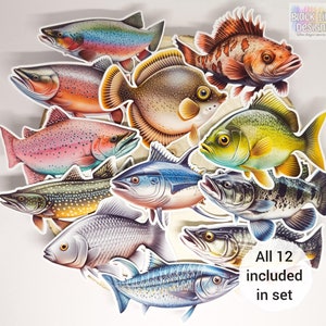 Realistische visstickers | Set van 12 | Glanzende versieringen met aquareldieren voor knutselwerk, plakboeken, rommeldagboeken van BlackLineDesignsArt