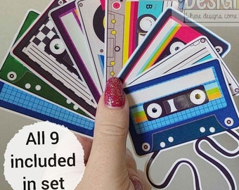 Vintage Style Cassette Stickers | Set of 9 | Retro Mixtape Sticker Paper Die-Cuts | Glossy Adhesive Ephemera