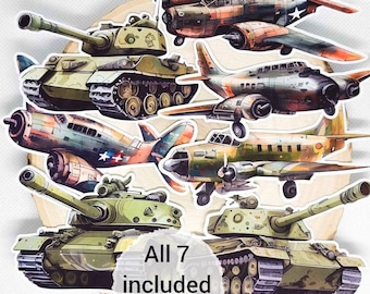 WW2 Historic Tank and Plane Stickers | Military War Vehicle Embellishments for Cards Planners Scrapbooks | Set of 7 | by BlackLineDesignsArt