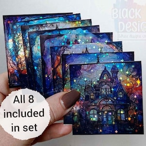 Stickers maison gothique vitrail holographique | Lot de 8 | Pack d'autocollants en vinyle holographique scintillant aquarelle | par BlackLineDesigns