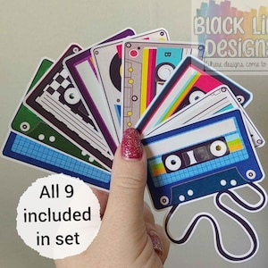 Stickers bandes audio rétro | Embellissements de cassettes lustrées pour cartes Agendas Scrapbooks Carnets | Lot de 9 | par BlackLineDesignsArt
