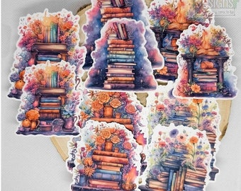 Floral Novel Stack Decals | Book Lover Stickies | Watercolour Literature Stickers | Matte Vinyl Die-Cut | Set of 10 | by BlackLineDesignsArt