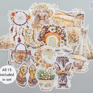 Boho Floral Spring Stickers | Set of 15 | Realistic Glossy Embellishments for Crafts, Junk Journals, Scrapbooks by BlackLineDesignsArt