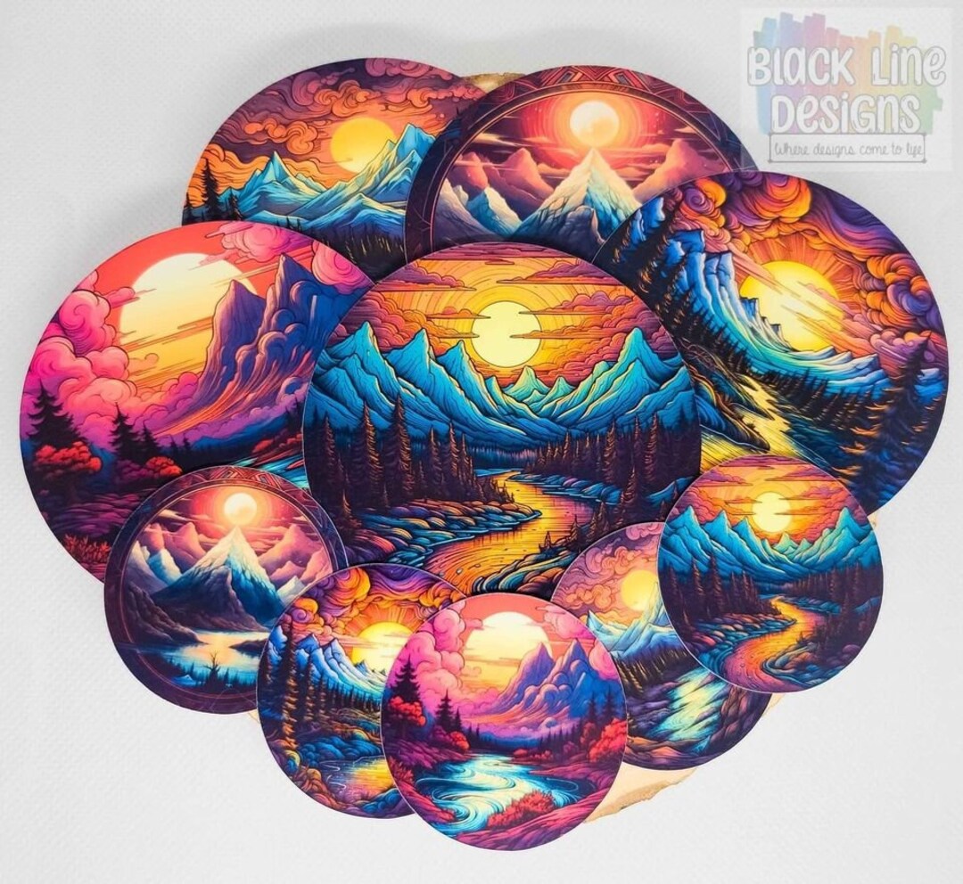 Mountain Sunset Vinyl Decals Backwoods Landscape Scene Glossy Stickers ...