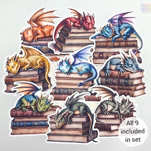 Pegatinas de dragones bebés durmiendo sobre libros / Juego de 9 / Adornos mate de animales míticos en acuarela para álbumes de recortes de BlackLineDesignsArt