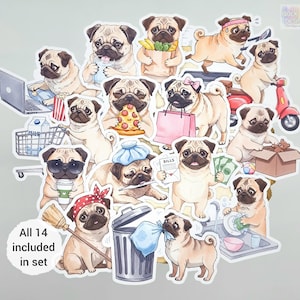 Pegatinas Pug Life / Juego de 14 / Adornos mate de acuarela para álbumes de recortes, manualidades, diarios basura y agendas de BlackLineDesignsArt