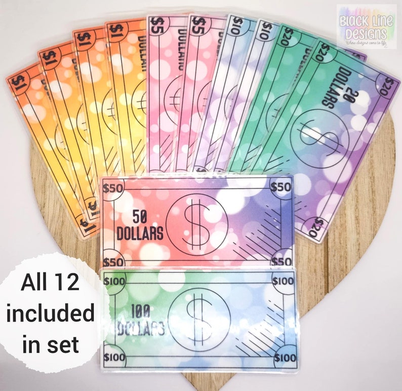 Each set of Pretend Play Laminated Money includes 4 x $1, 2 x $5, 2 x $10, 2 x $20, 1 x $50 and 1 x $100 bokeh themed notes. This set is perfectly sized for children, focuses on imaginative play and makes a great gift as an educational learning tool or reward incentives for chore charts. Measuring approximately 2 inches wide and 4 inches height each. Crafted from a 80lb matte cardstock and 5 mil heat laminate. This is a set of 12 bokeh themed play money cards, the edges are rounded for safety.