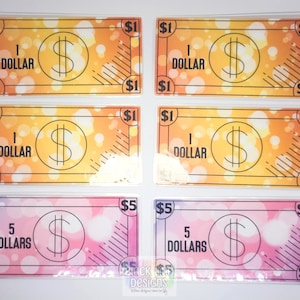 May include: Six play money bills, four are yellow with a $1 bill design and the text "1 DOLLAR" and two are pink with a $5 bill design and the text "5 DOLLARS".