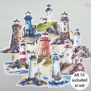 Pegatinas realistas de faro / Juego de 10 / Adornos de acuarela mate para manualidades, diarios basura y álbumes de recortes / por BlackLineDesignsArt