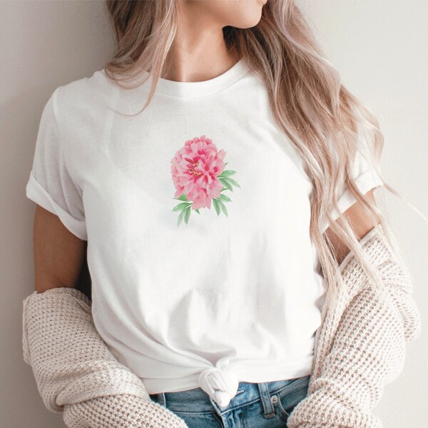 Pretty peony floral ladies t-shirt ~ Soft cotton top for women. Vegan organic clothing. Cottagecore summer tshirt. Gardening gift.