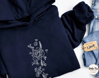 Sudadera con capucha de estilo rural con diseño de jardín de flores. Sudadera con capucha o jersey de mujer con diseño bohemio y diseño de jardín campestre. Regalo para jardineros. Rosas y ranúnculos.