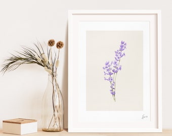 Estampado floral de lavanda, arte mural estilo acuarela. Flor, flor silvestre, jardín, botánica, estilo cottagecore. Decoración de dormitorio y sala de estar