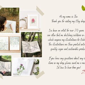 Puede incluir: Un collage de im&aacute;genes que muestran el trabajo de la artista, incluyendo bocetos de la naturaleza, pinturas de acuarela y una camiseta con un dise&ntilde;o floral. El texto dice "Hola, mi nombre es Jen. &iexcl;Gracias por visitar mi tienda de Etsy! He sido artista durante m&aacute;s de 20 a&ntilde;os. A menudo me puedes encontrar dibujando al aire libre en la naturaleza, lo que inspira mis ilustraciones para Boho Tee. Las ilustraciones luego se imprimen en productos de alta calidad, veganos y sostenibles. Si tienes alguna pregunta sobre alguno de los art&iacute;culos de mi tienda, por favor env&iacute;ame un mensaje. &iexcl;Me encantar&iacute;a saber de ti!"